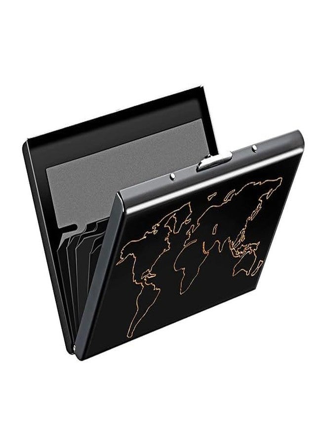 encELade Metal Water-Resistant Stainless Steel World Map Debit/Credit Business ATM 6 Card Holder For Men & Women (Black) - Image 1
